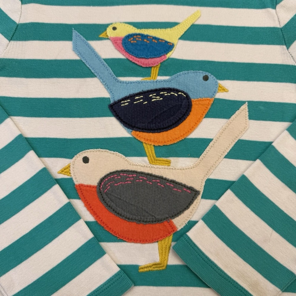 Mini Boden Green Stripe Bird Shirt Size 4-5 Year Appliqués Excellent Condition - Picture 3 of 5